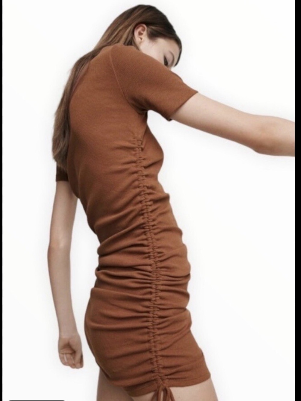 Zara Copper Brown Ribbed Ruched Side Tie Midi Dress, Short Sleeve Bodycon